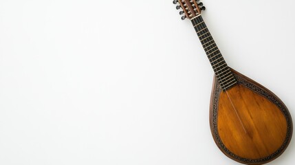 A saz with a wooden neck and body, space for text on the right side, set against a white background