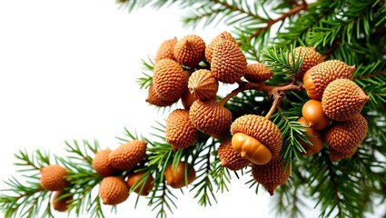 Fir Branches and Acorns on White Background with Text Space