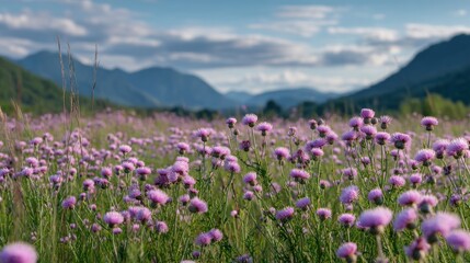 Obraz premium A field of vibrant purple thistle flowers in a valley, with mountains in the background