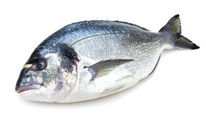 Obraz premium A whole, silvery fish with dark grey markings lies on a white background