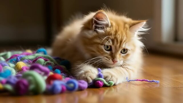 Ginger kitten playing with colorful yarn on hardwood floor