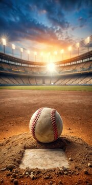 Baseball worn in pitch mound with dirt and grass