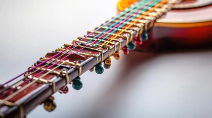 A sitar with colorful strings, ample space on the right for text, set against a clean white backdrop