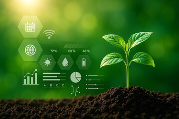 AI generated fresh green seedling in fertile soil with glowing digital infographic icons showing smart agriculture data monitoring precision growth and sustainable farming concept