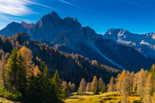 Picco di Vallandro Durrenstein mountain in Italian Dolomites Alps. Stunning rocky peak and mountain range view autumn landscape. Popular hiking peak in the Alps