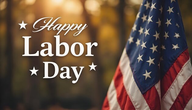 Patriotic Labor Day greeting card with the American flag against a warm, blurred bokeh background in an outdoor setting.
