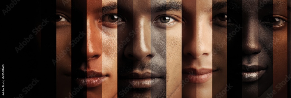 Poster diversity of skin tones displayed in horizontal stripes under soft lighting, showcasing unity in bea