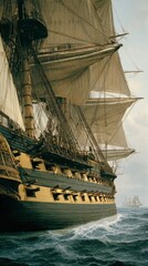 Majestic Sailing Ship at Sea, Ocean Voyage, Historic Warship