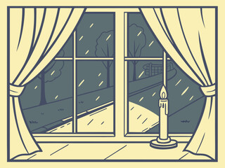 A cozy night scene with rain outside the window, illuminated by a warm candle, creating a serene and peaceful atmosphere inside the home