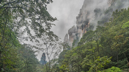 The high steep cliffs are shrouded in fog, the peaks are hidden in clouds. In the foreground is a...
