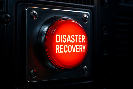 Close-up of red PUSH button labeled "DISASTER RECOVERY" on black metal surface, symbolizing emergency response, disaster recovery plan activation, and crisis management systems
