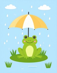 Obraz premium A cheerful frog sits under a yellow umbrella on a grassy patch, enjoying the rain amidst a bright blue sky with fluffy clouds.