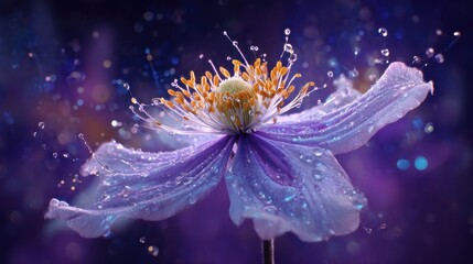 A vibrant purple flower, glistening with water droplets, amidst a starry night bokeh