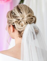 Elegant bridal hairstyle featuring soft curls and a delicate veil, showcasing a romantic look for special occasions.