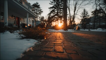 Winter sunset on a paved residential street