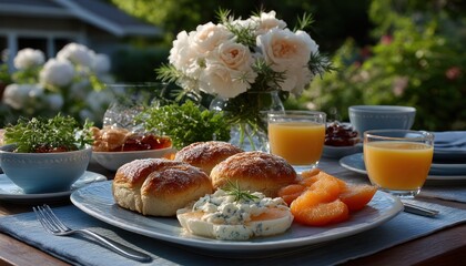 Outdoor breakfast scene with pastries and fruit