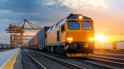 Naklejka premium Freight train loading at container terminal industrial zone photograph sunset side view transportation overview