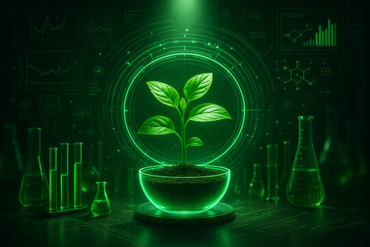 AI generated futuristic seedling growing in glowing glass bowl inside high tech lab with data charts molecular graphics and green energy light