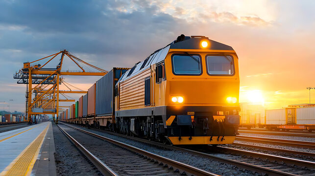 Freight train loading at container terminal industrial zone photograph sunset side view transportation overview