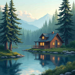 Fototapeta premium Serene mountain cabin nestled beside a tranquil lake at sunset, surrounded by lush evergreens.