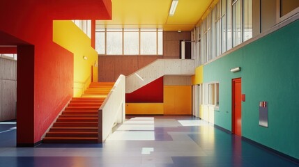 Obraz premium Vibrant school hallway with colorful walls and stairs
