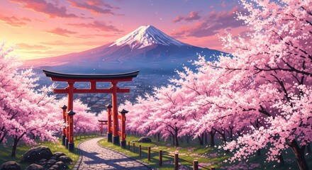 Pixel Art Mt Fuji with Cherry Blossoms and Torii Gate at Sunset