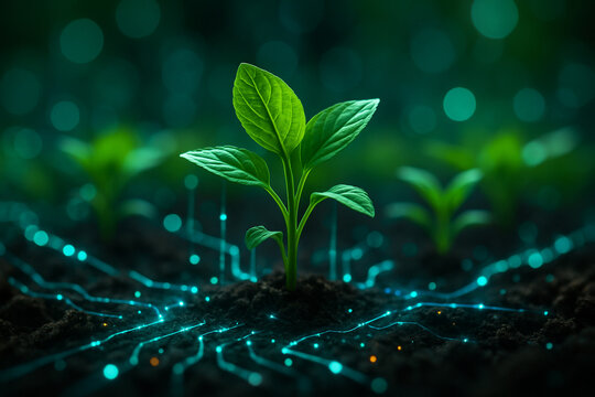 AI generated young green seedlings growing in fertile soil with glowing digital connections representing smart farming technology and the fusion of nature and innovation