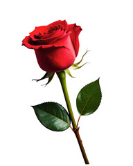 Single red rose flower with green leaf and stem isolated on white background