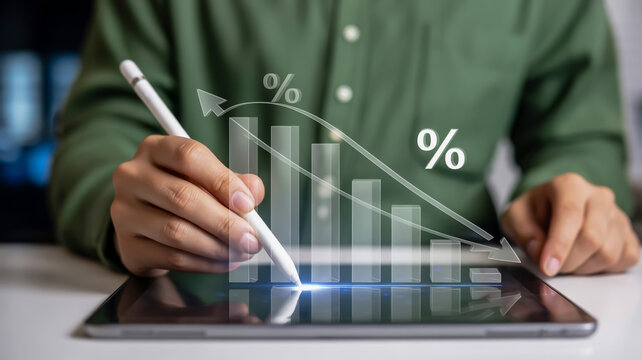 Person using stylus on tablet displaying financial bar graph with percentage symbols and downward trend