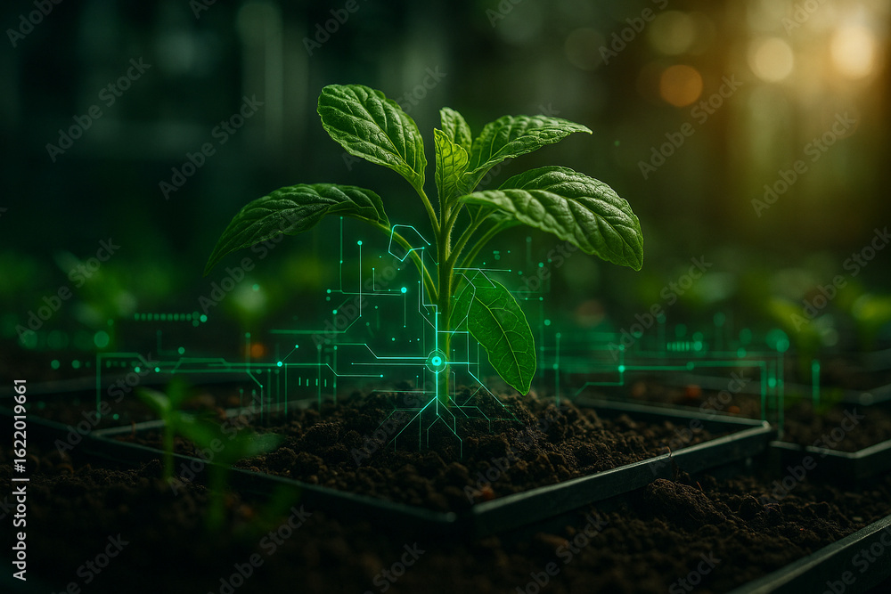 Poster ai generated healthy green seedling growing in controlled soil bed with glowing digital interface re