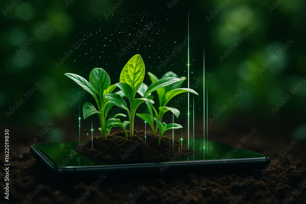 Poster ai generated seedlings growing from a smartphone with glowing digital lines representing iot smart f
