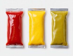 Colorful sauce packets, overhead shot, white background, food packaging, for menu design