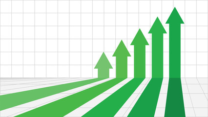 green business arrows pointing up in a row on grid background