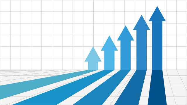 blue business arrows pointing up in a row on grid background