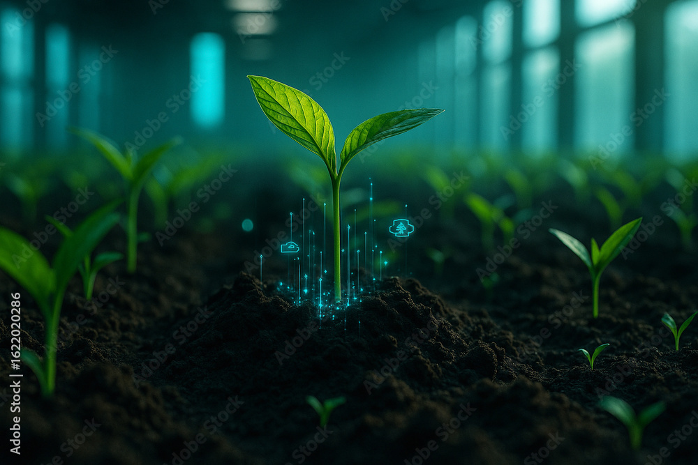 Poster ai generated vibrant seedling growing in moist soil under controlled environment with glowing digita
