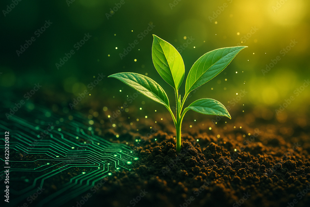 Poster ai generated vibrant green seedling sprouting from fertile soil with glowing circuit pattern and flo
