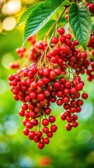Vibrant red berries hanging from a lush green tree branch