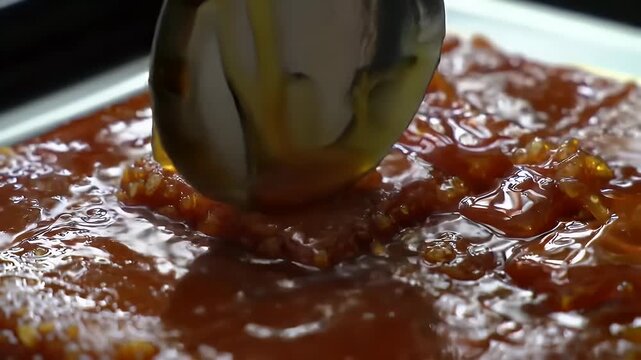 Golden Caramel Drizzled on Delicious Biko Sweet Rice Cake Close Up Shot Featuring Silver Spoon Showcasing Authentic Filipino Cuisine Perfect for Bakery and Pastry Promotion Commercial