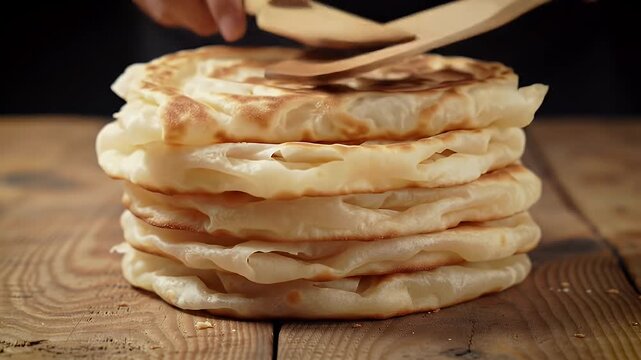 Golden Chinese Flatbread Bing Stack on Rustic Wooden Table with Close Up Detail Perfect for Culinary Projects Restaurant Promotion and Bakery Advertisement with Inviting Warm Tone and Delicious