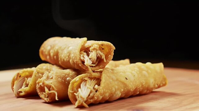 Golden Crispy Flautas Stacked Deliciously on Wooden Board A Culinary Delight Eye Level Close Up Perfect for Restaurant Promos and Pastry Shop Advertisement on Dark Background