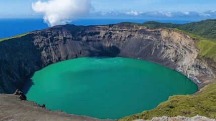 Obraz premium Volcanic crater lake, panoramic view, tropical island, steaming vents