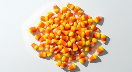 Fototapeta premium Colorful Candy Corn on White Surface for Halloween and Autumn Decor