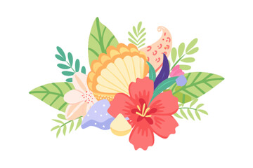 Illustration of tropical flowers and seashells, isolated on white background a vibrant and colorful design for summer vacation or beach theme