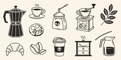 Coffee themed doodle illustration with various brewing methods and coffee related items
