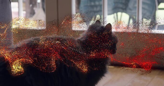 3D-rendered cat reacting to golden spark with embers swirling along flank creating fantasy mood