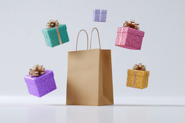 Festive Gifts Floating Around Paper Bag