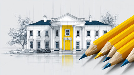 Hand-Drawn House Surrounded by Yellow Pencils