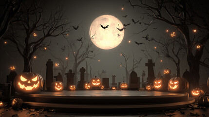 Haunted Graveyard Scene With Pumpkins