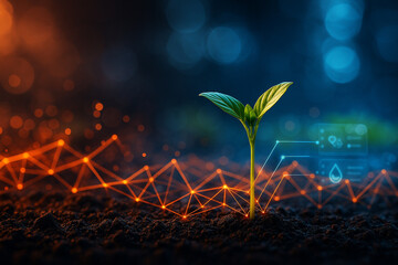 AI generated image of a young green seedling growing from fertile soil with glowing orange geometric light and blue bokeh background symbolizing smart farming and innovation