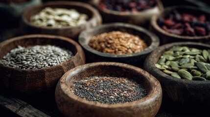 Fototapeta premium Variety of nutritious seeds and superfoods in small wooden bowls